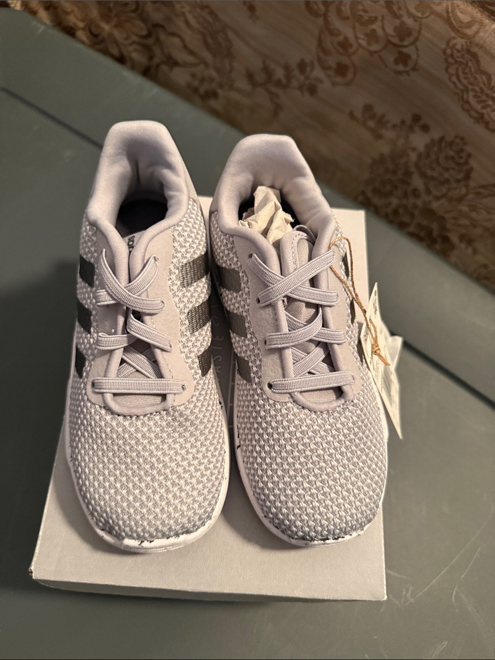 adidas Kids Lightweight Knit Sneakers in Light Gray with Black Stripes